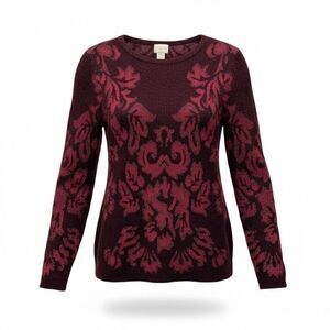 Chico’s 2 (L) Burgundy Damask Velvet Textured Knit Sweater Dark Romantic Holiday